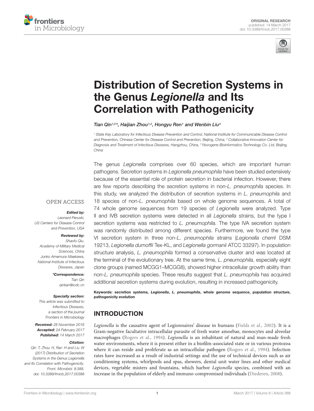 Distribution of Secretion Systems in the Genus Legionella and Its Correlation with Pathogenicity