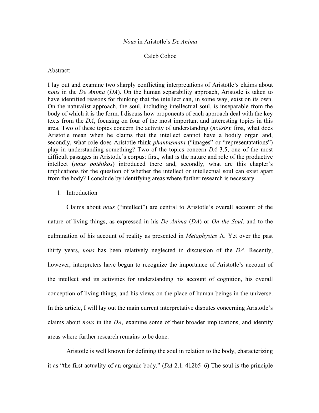 Nous in Aristotle's De Anima Caleb Cohoe Abstract