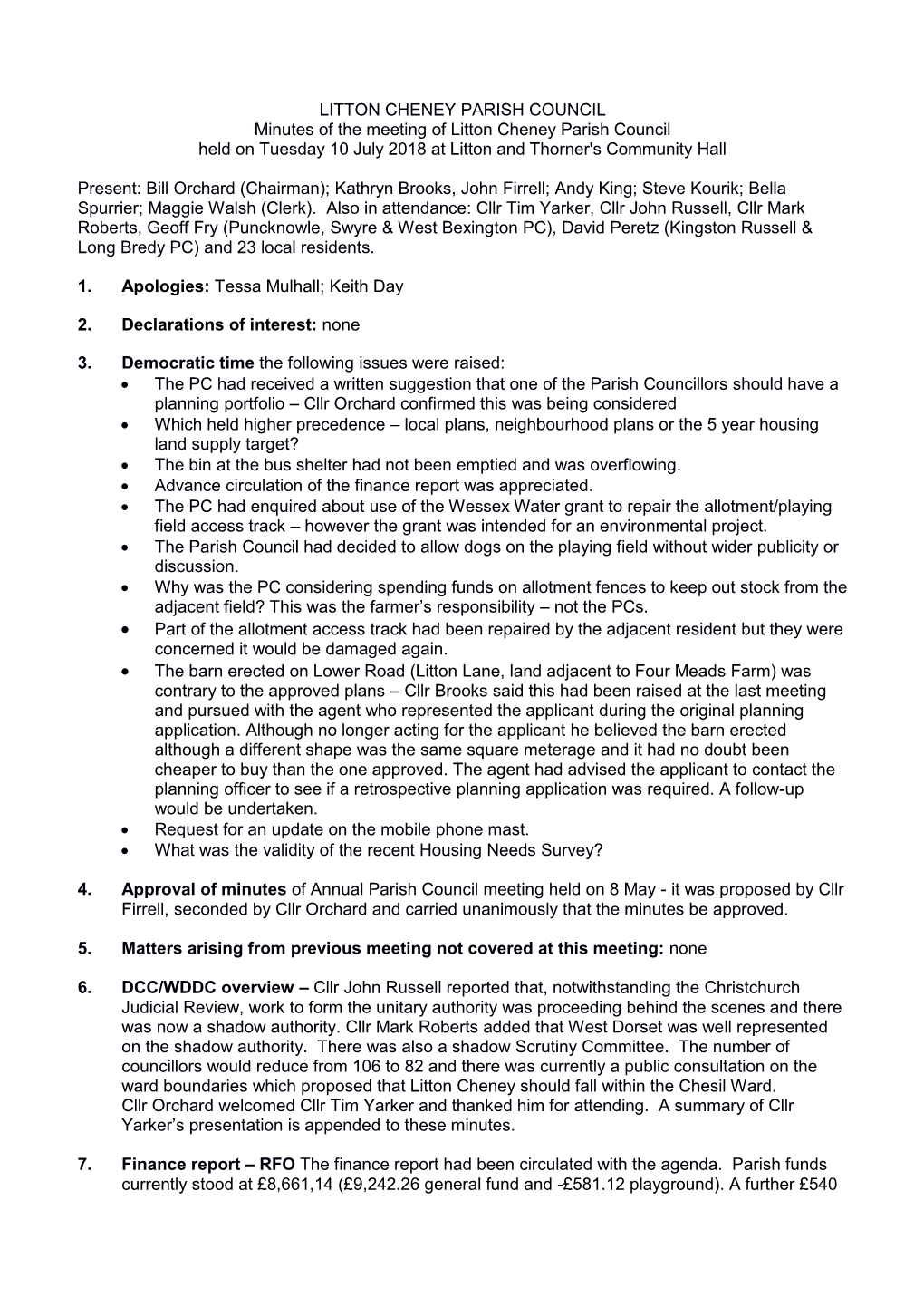 LITTON CHENEY PARISH COUNCIL Minutes of the Meeting of Litton Cheney Parish Council Held on Tuesday 10 July 2018 at Litton and Thorner's Community Hall