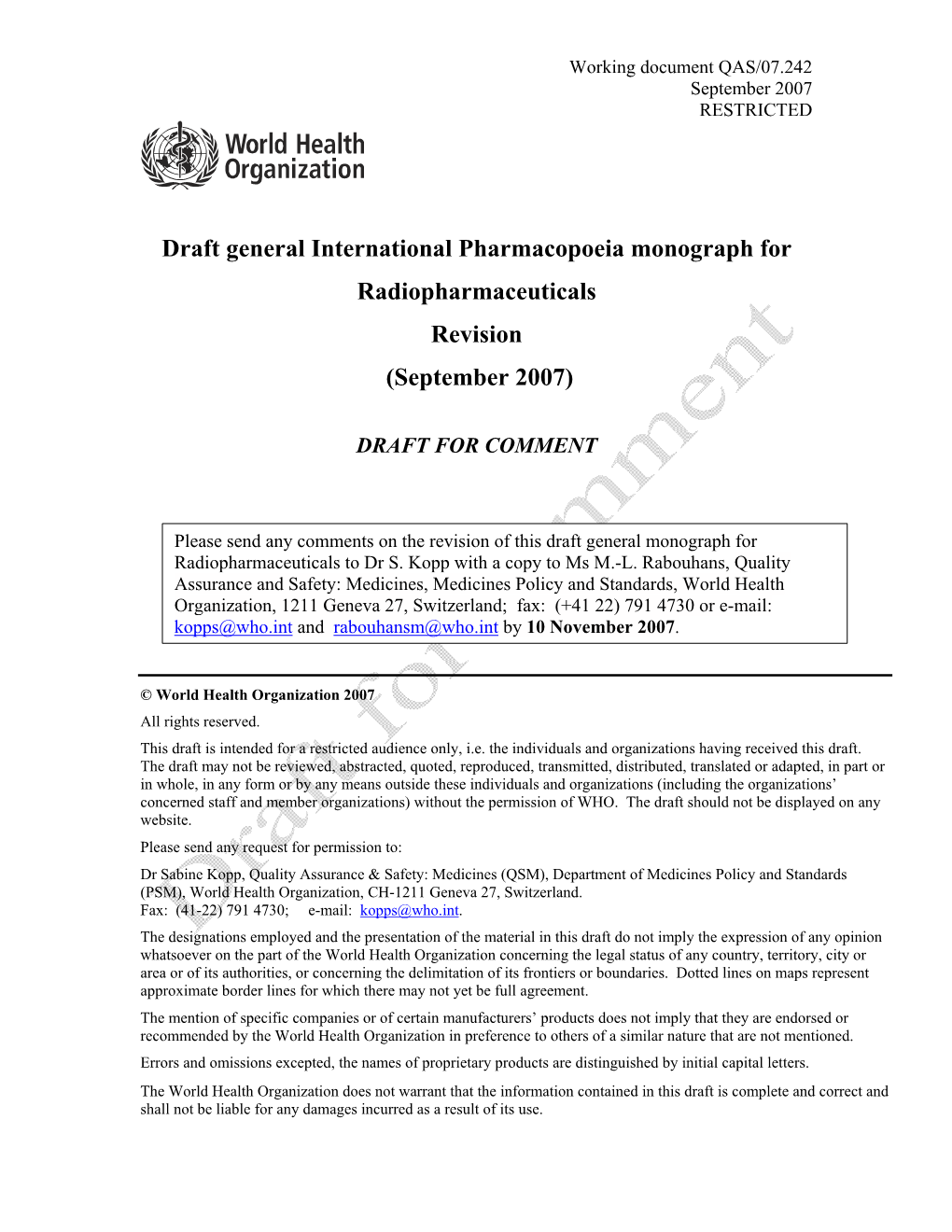 Draft General International Pharmacopoeia Monograph for Radiopharmaceuticals Revision (September 2007)