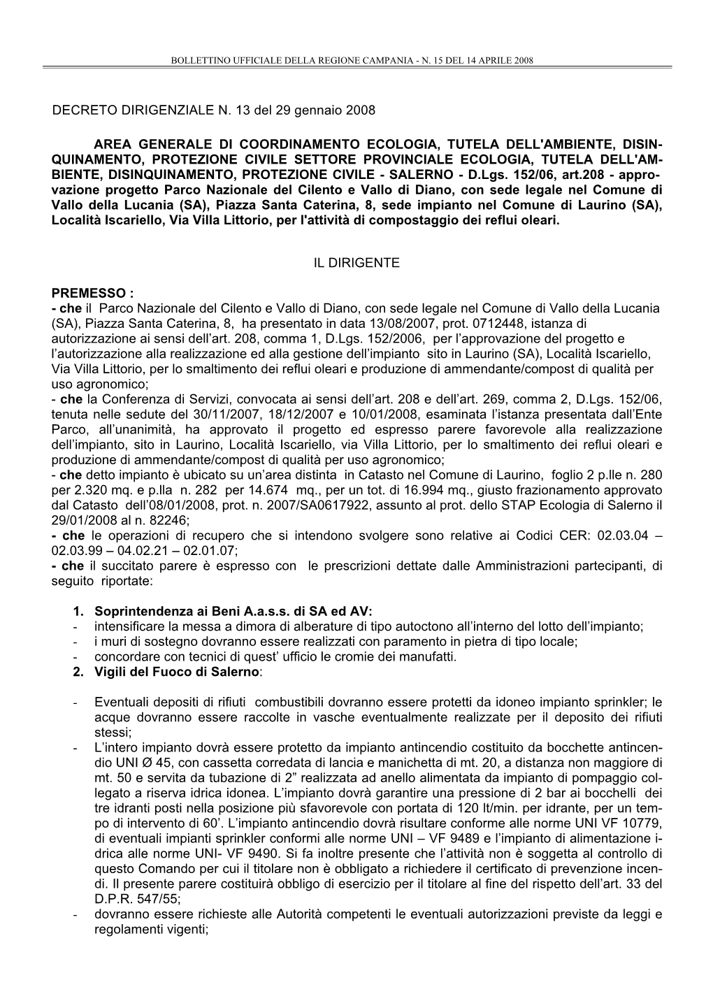 QUINAMENTO, PROTEZIONE CIVILE SETTORE PROVINCIALE ECOLOGIA, TUTELA DELL'am- BIENTE, DISINQUINAMENTO, PROTEZIONE CIVILE - SALERNO - D.Lgs