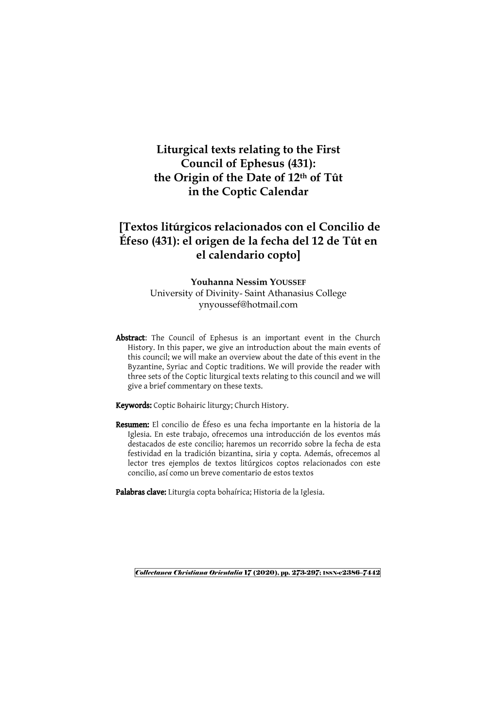 Liturgical Texts Relating to the First Council of Ephesus (431): the Origin of the Date of 12Th of Tût in the Coptic Calendar