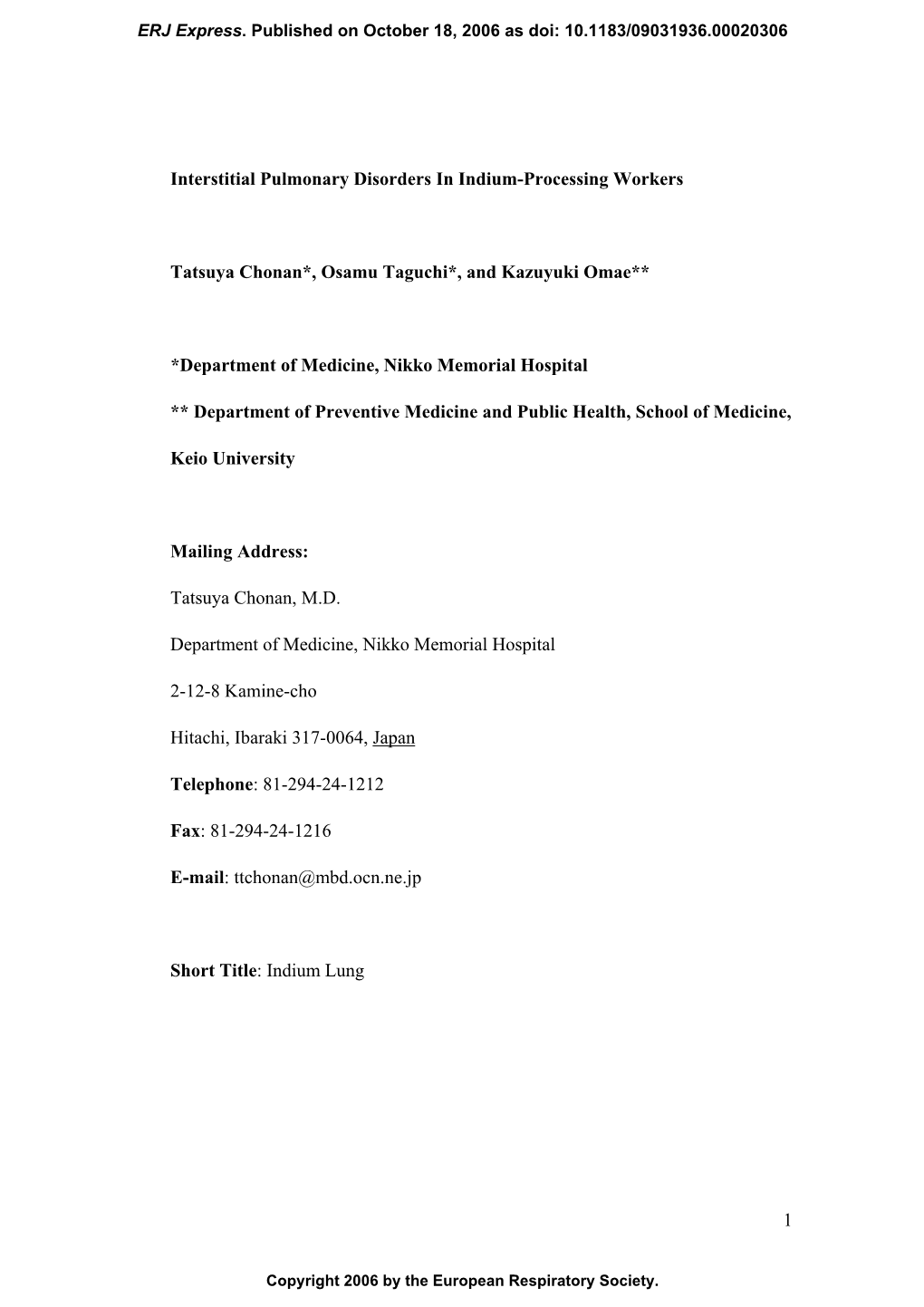 1 Interstitial Pulmonary Disorders in Indium-Processing Workers