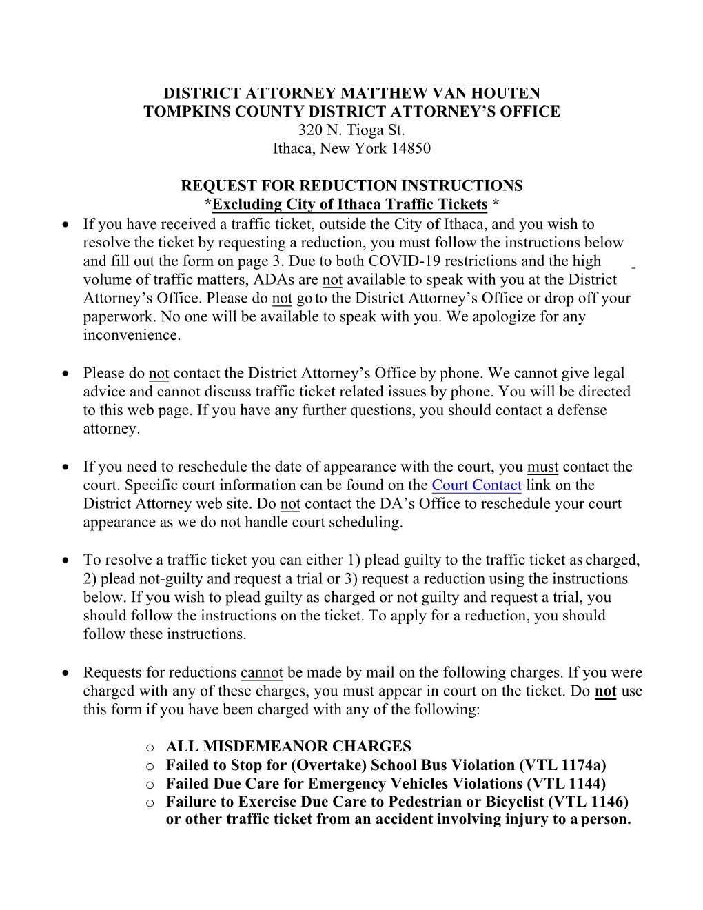 District Attorney Matthew Van Houten Tompkins County District Attorney’S Office 320 N