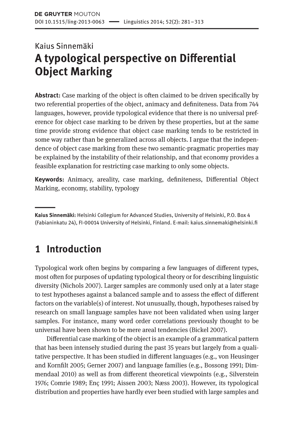 A Typological Perspective on Differential Object Marking