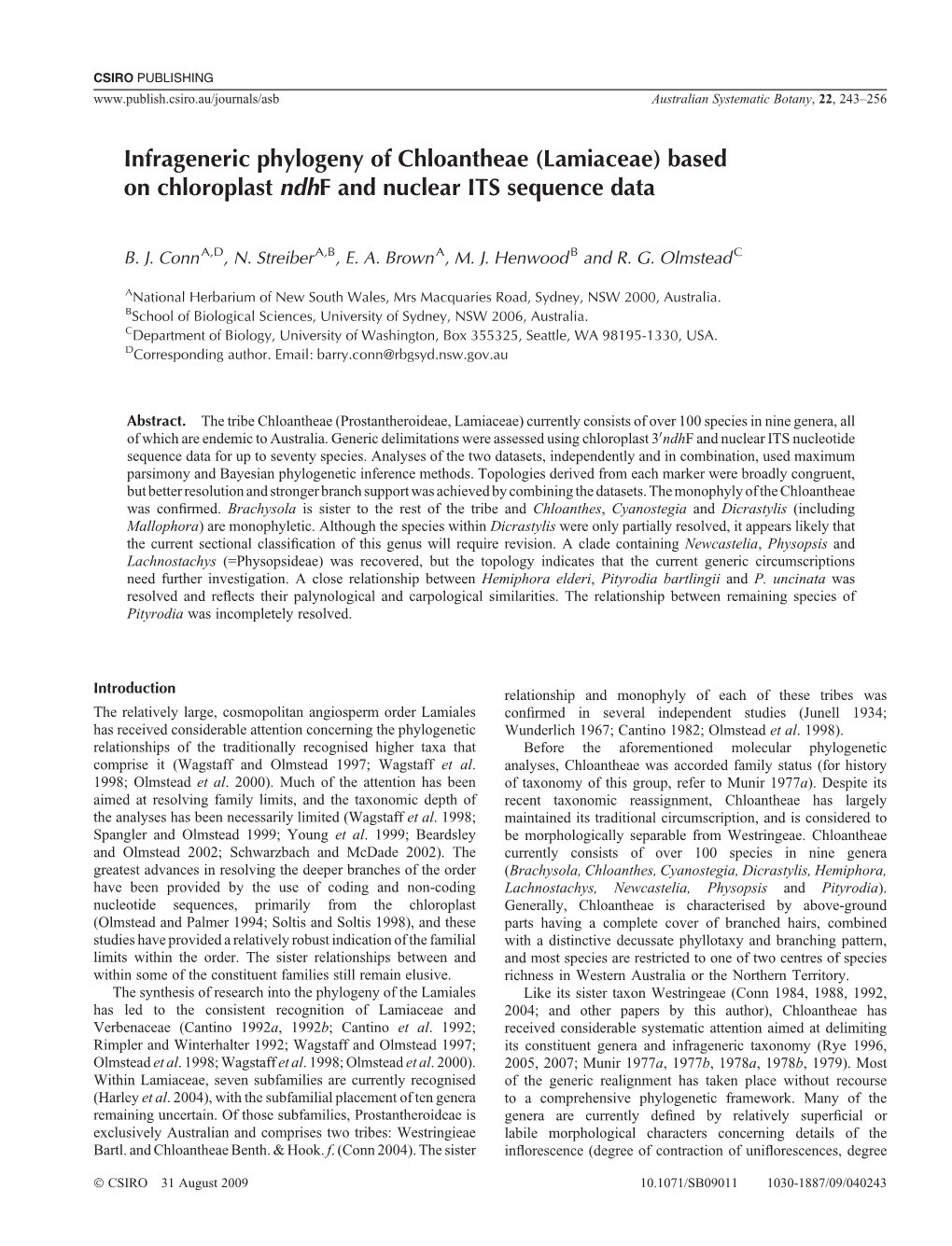 Lamiaceae) Based on Chloroplast Ndhf and Nuclear ITS Sequence Data