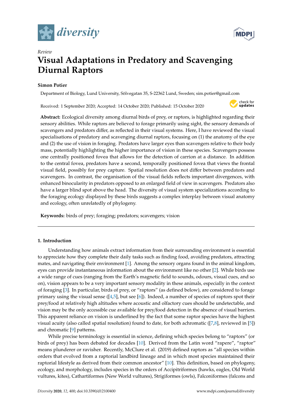 Visual Adaptations in Predatory and Scavenging Diurnal Raptors