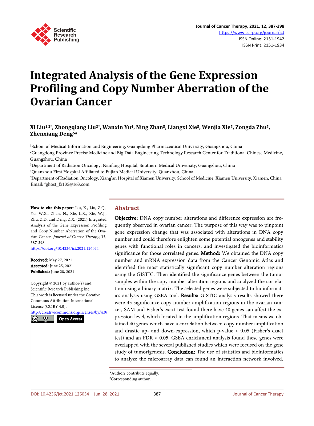 Integrated Analysis of the Gene Expression Profiling and Copy Number Aberration of the Ovarian Cancer