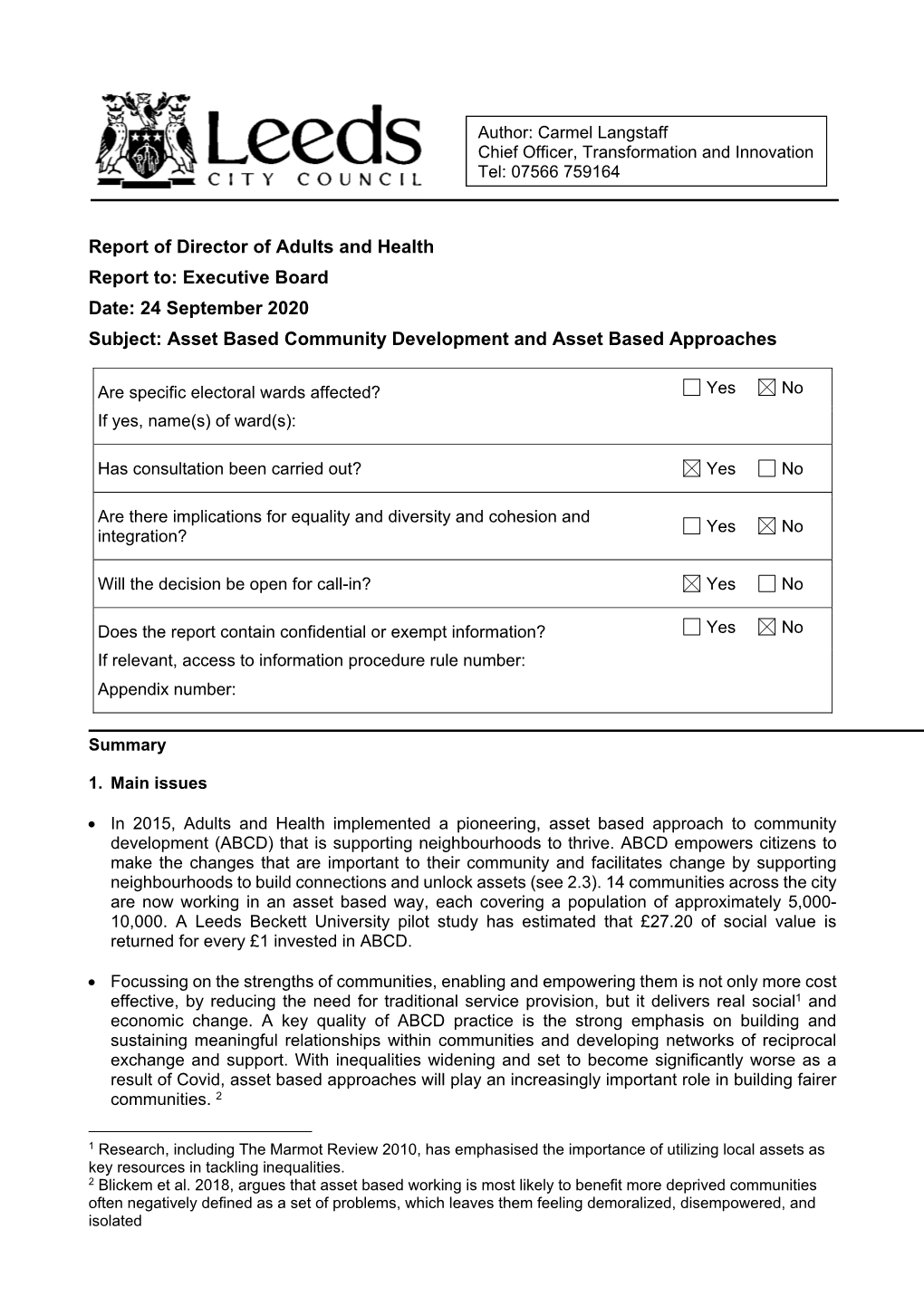 24 September 2020 Subject: Asset Based Community Development and Asset Based Approaches