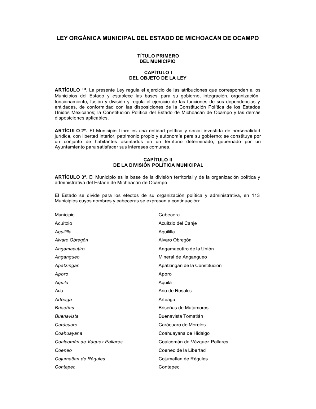 Ley Orgánica Municipal Del Estado De Michoacán De Ocampo