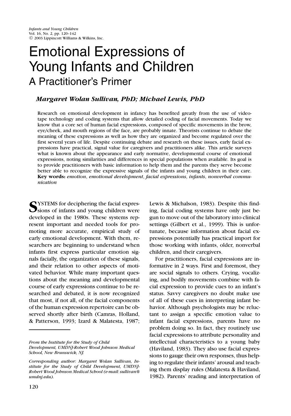 Emotional Expressions of Young Infants and Children a Practitioner’S Primer