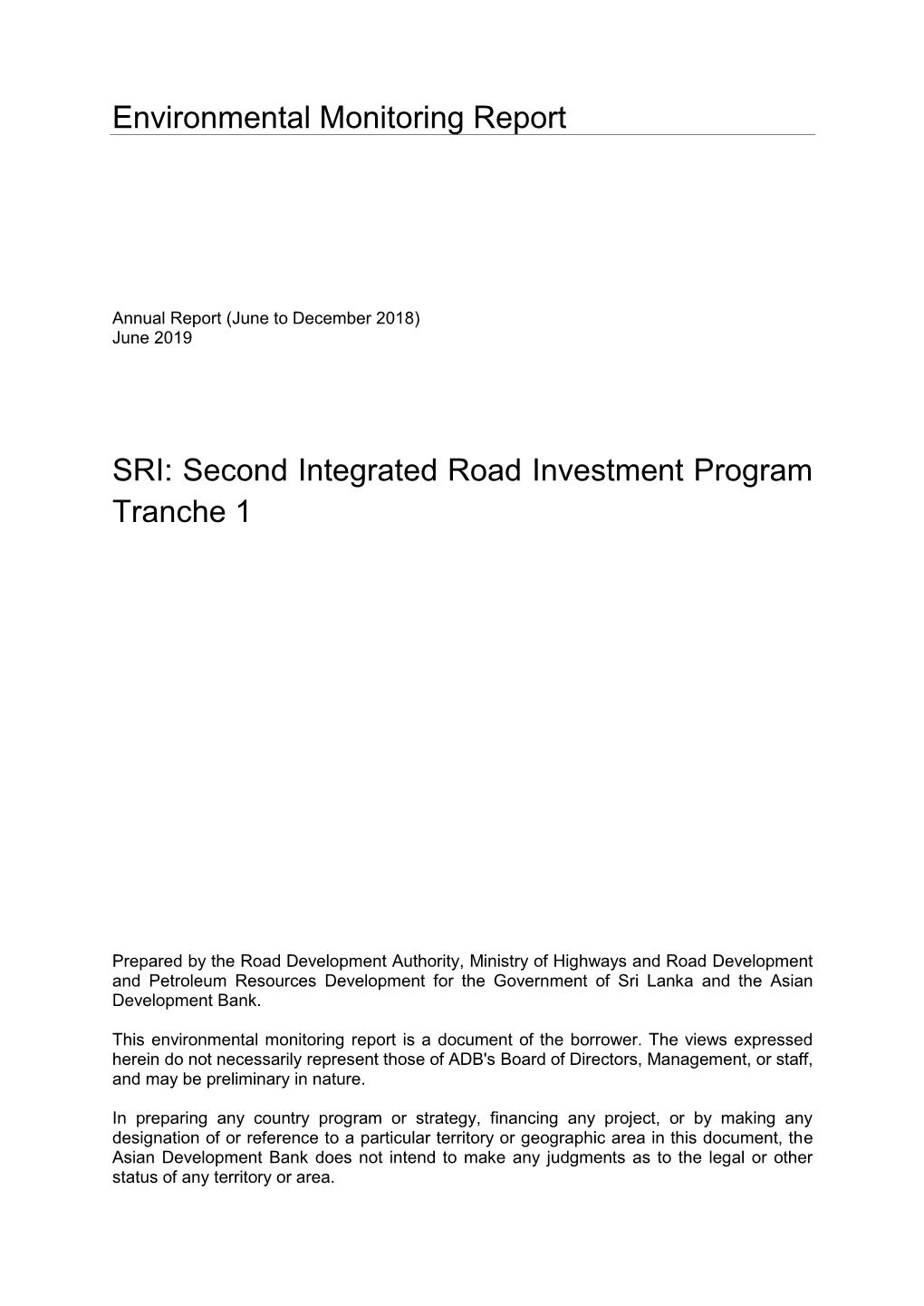 Second Integrated Road Investment Program –Tranche 1: Uva Province