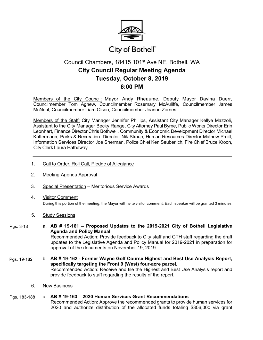 City Council Regular Meeting Agenda Tuesday, October 8, 2019 6:00 PM