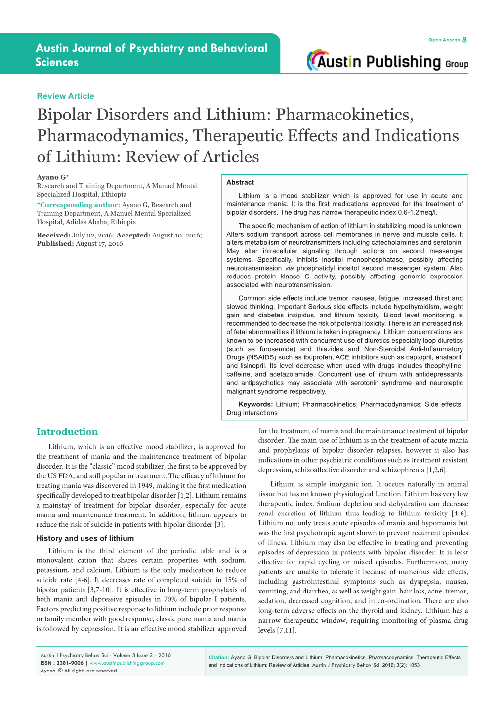 Bipolar Disorders and Lithium: Pharmacokinetics, Pharmacodynamics, Therapeutic Effects and Indications of Lithium: Review of Articles