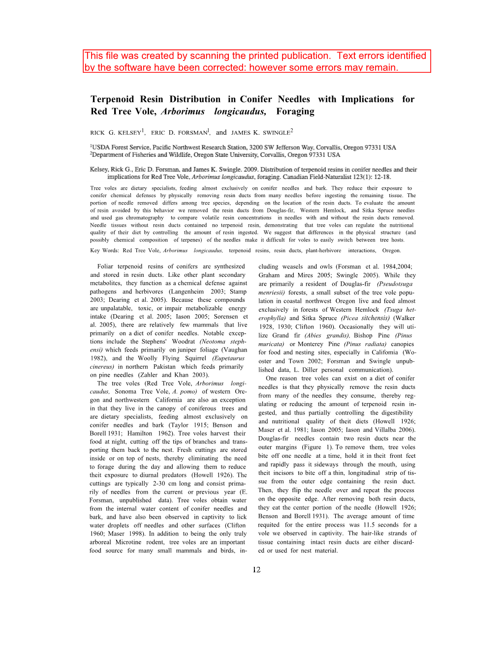 Terpenoid Resin Distribution in Conifer Needles with Implications for Red Tree Vole, Arborimus Longicaudus, Foraging