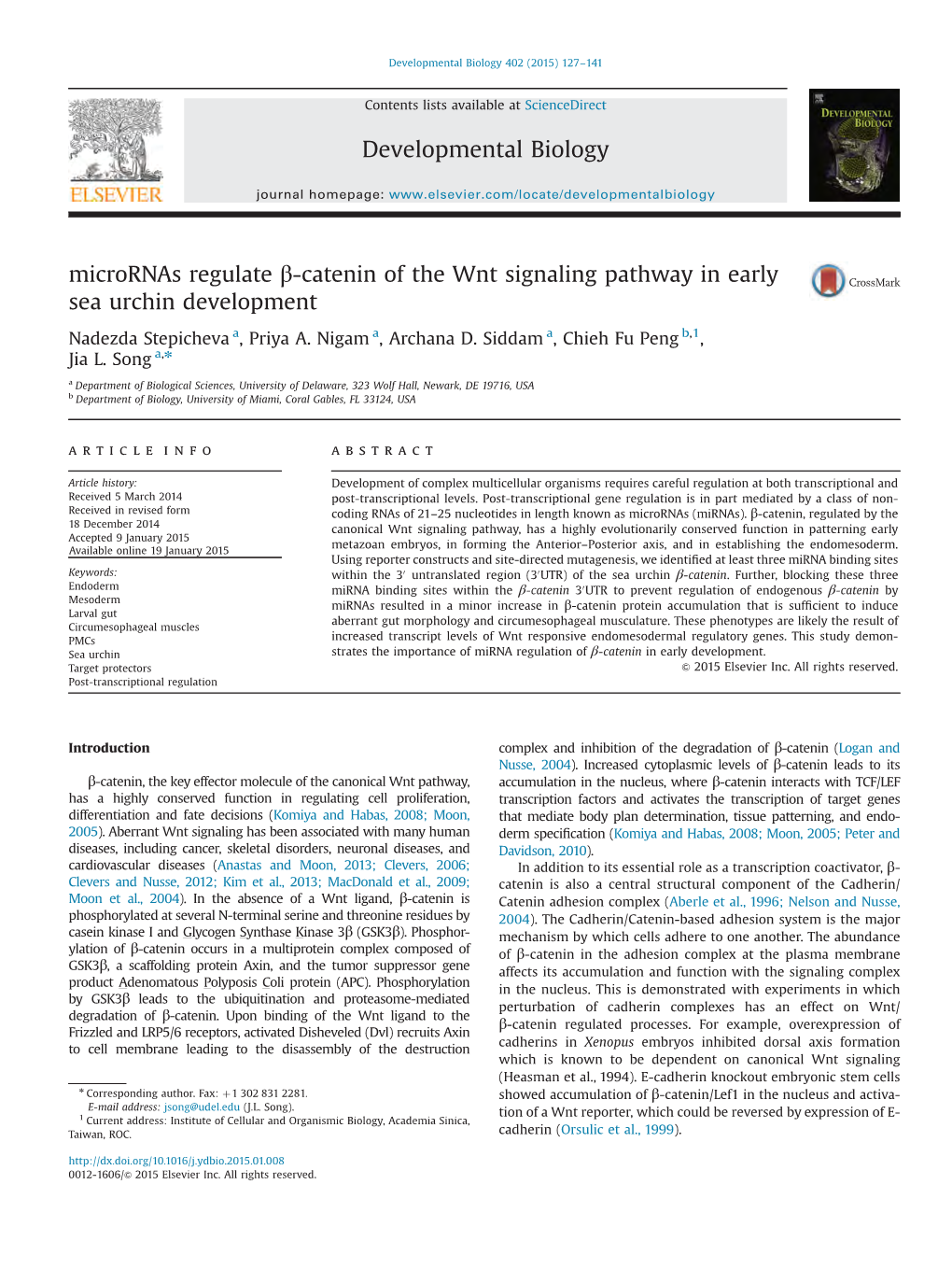 Micrornas Regulate Β-Catenin of the Wnt Signaling Pathway in Early Sea Urchin Development