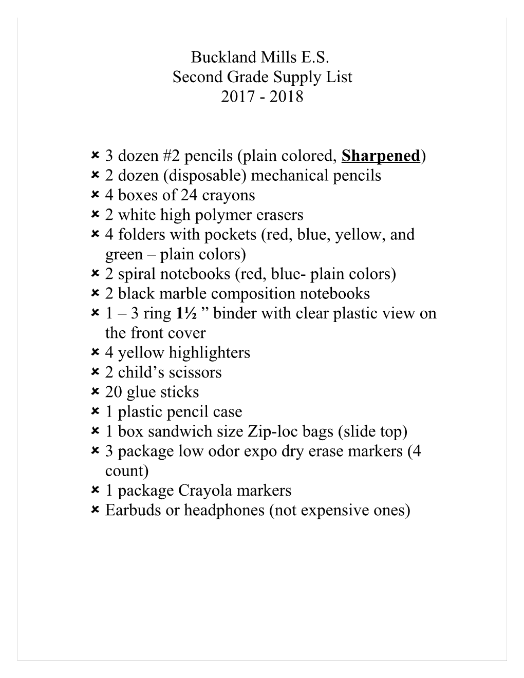 Kindergarten Supply List