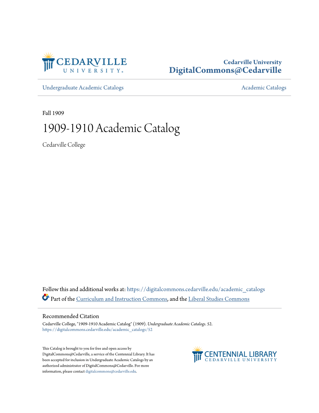 1909-1910 Academic Catalog Cedarville College