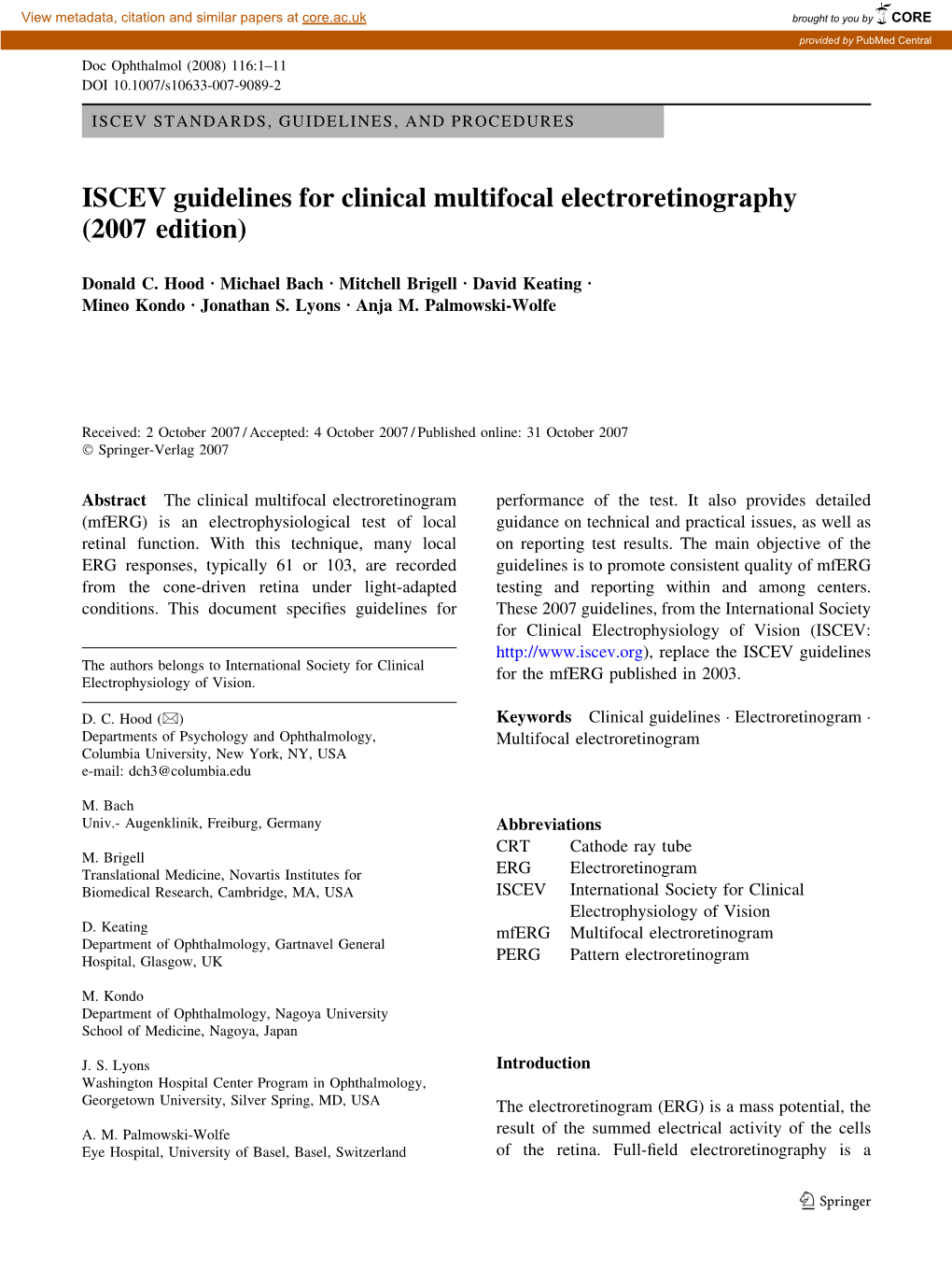 ISCEV Guidelines for Clinical Multifocal Electroretinography (2007 Edition)
