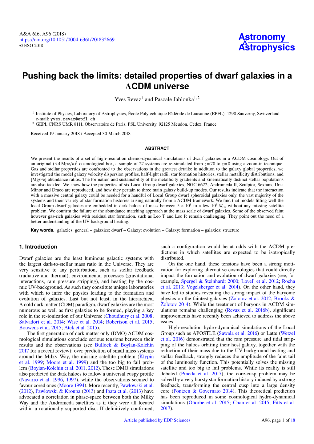 Detailed Properties of Dwarf Galaxies in a ΛCDM Universe Yves Revaz1 and Pascale Jablonka1,2