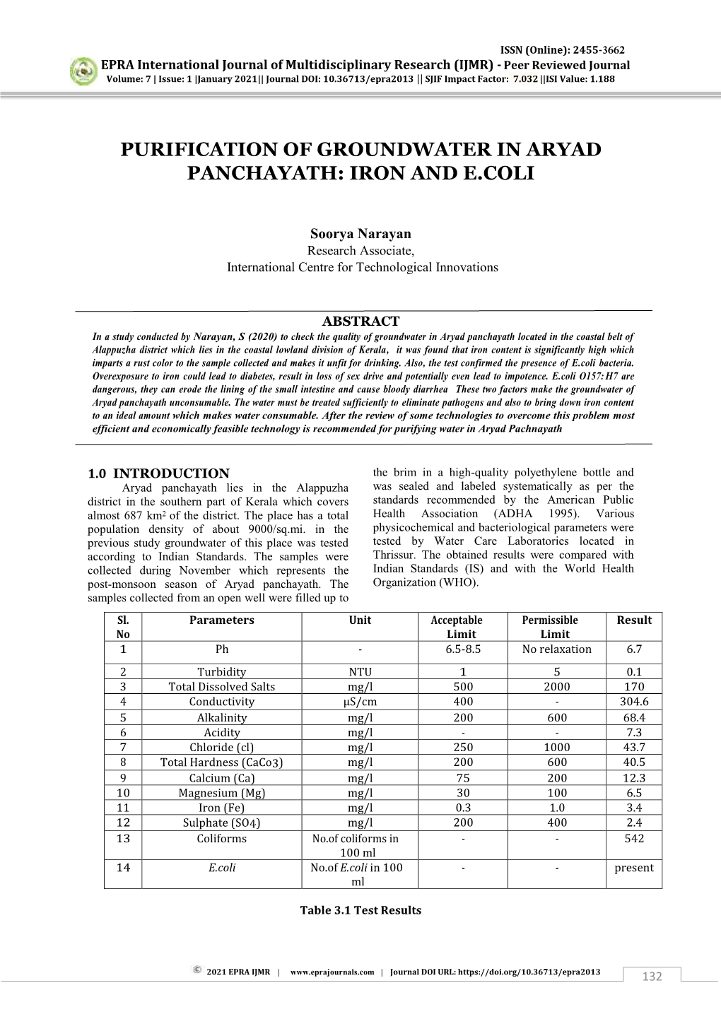 Purification of Groundwater in Aryad Panchayath: Iron and E.Coli