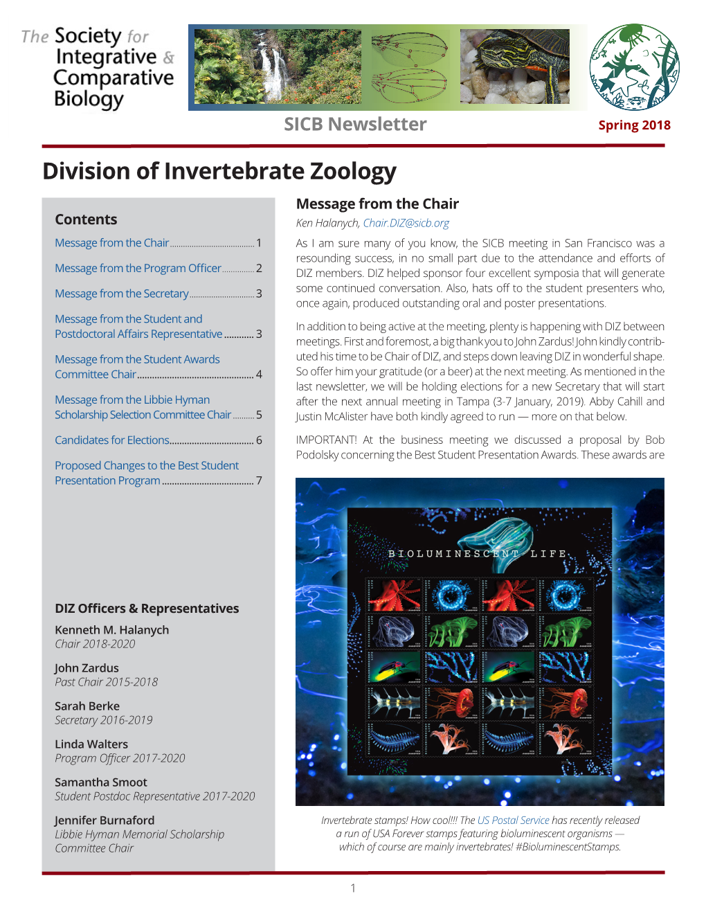 Division of Invertebrate Zoology Message from the Chair Contents Ken Halanych, Chair.DIZ@Sicb.Org Message from the Chair