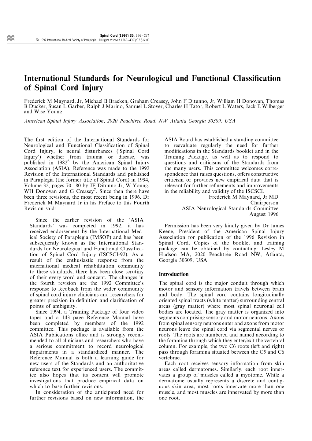 International Standards for Neurological and Functional Classi®Cation of Spinal Cord Injury