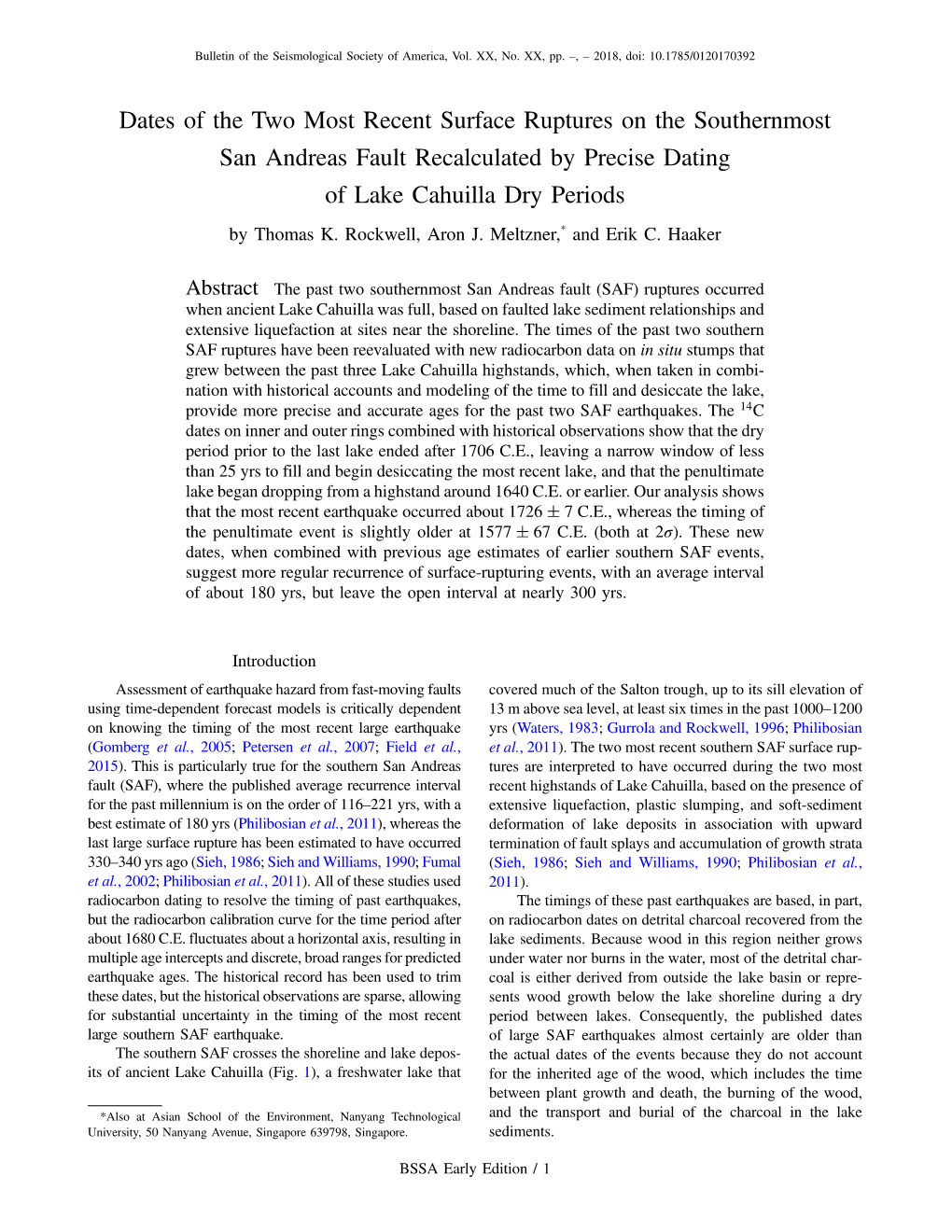 Dates of the Two Most Recent Surface Ruptures on the Southernmost San Andreas Fault Recalculated by Precise Dating of Lake Cahuilla Dry Periods by Thomas K