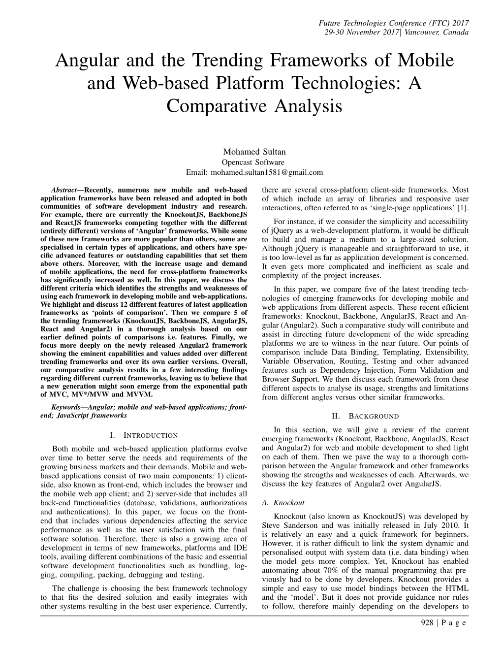 Angular and the Trending Frameworks of Mobile and Web-Based Platform Technologies: a Comparative Analysis