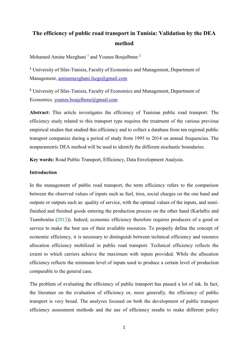 The Efficiency of Public Road Transport in Tunisia: Validation by the DEA Method