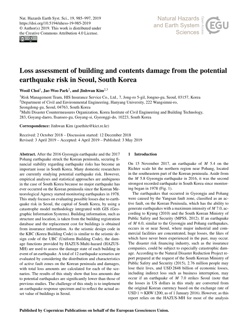 Loss Assessment of Building and Contents Damage from the Potential Earthquake Risk in Seoul, South Korea