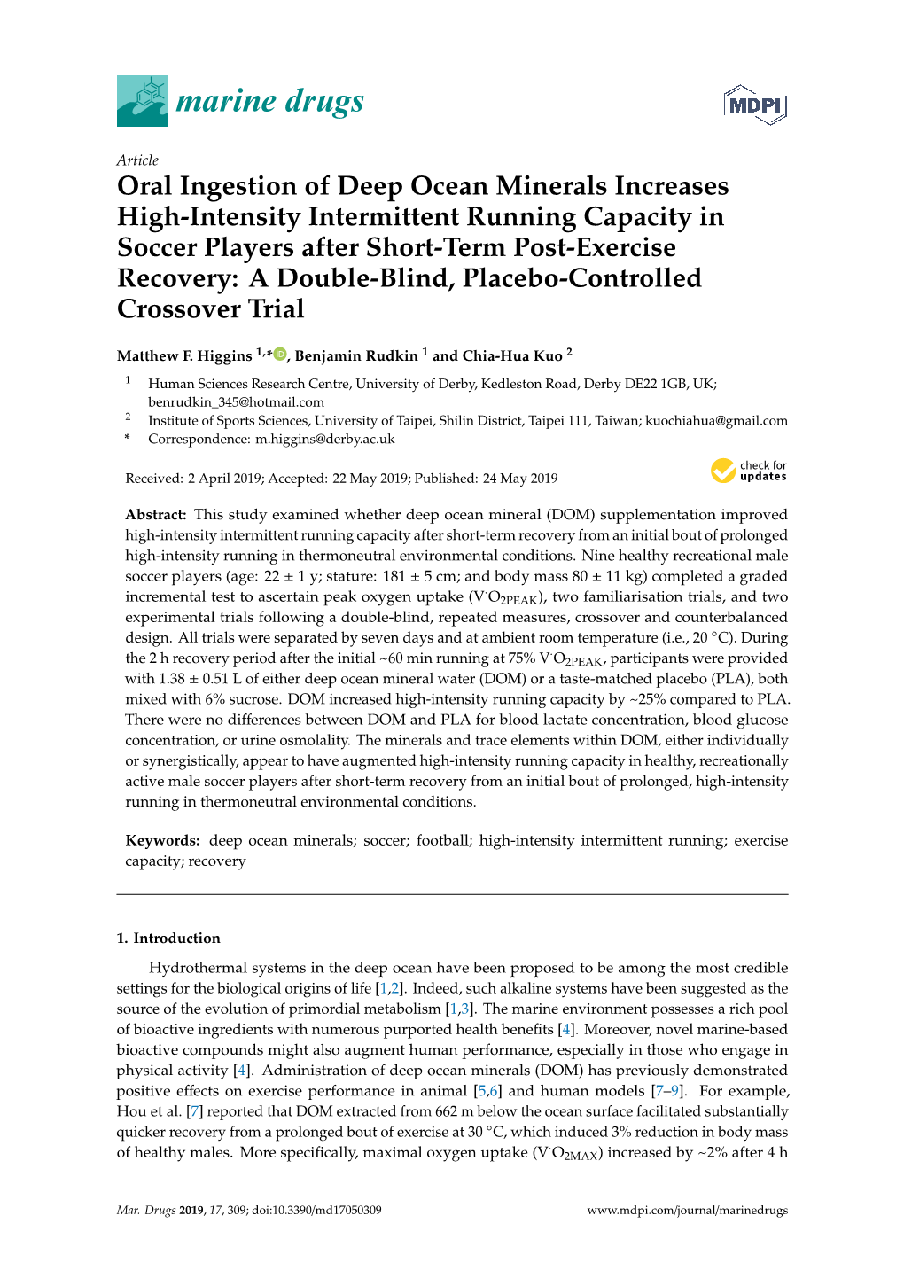 Oral Ingestion of Deep Ocean Minerals Increases High-Intensity