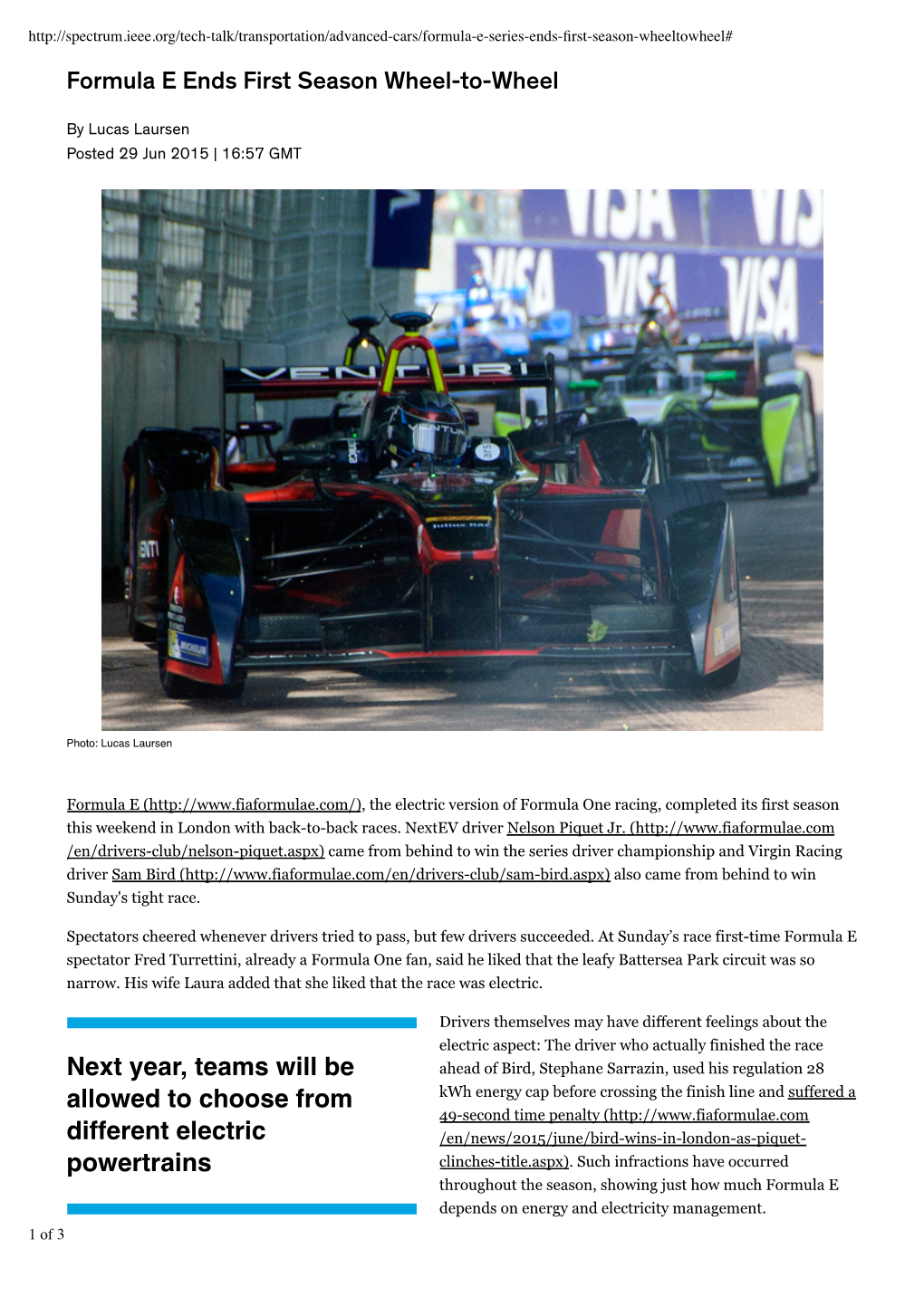 IEEE Spectrum's Story on the Series Launch: "Electrifying Formula One" (