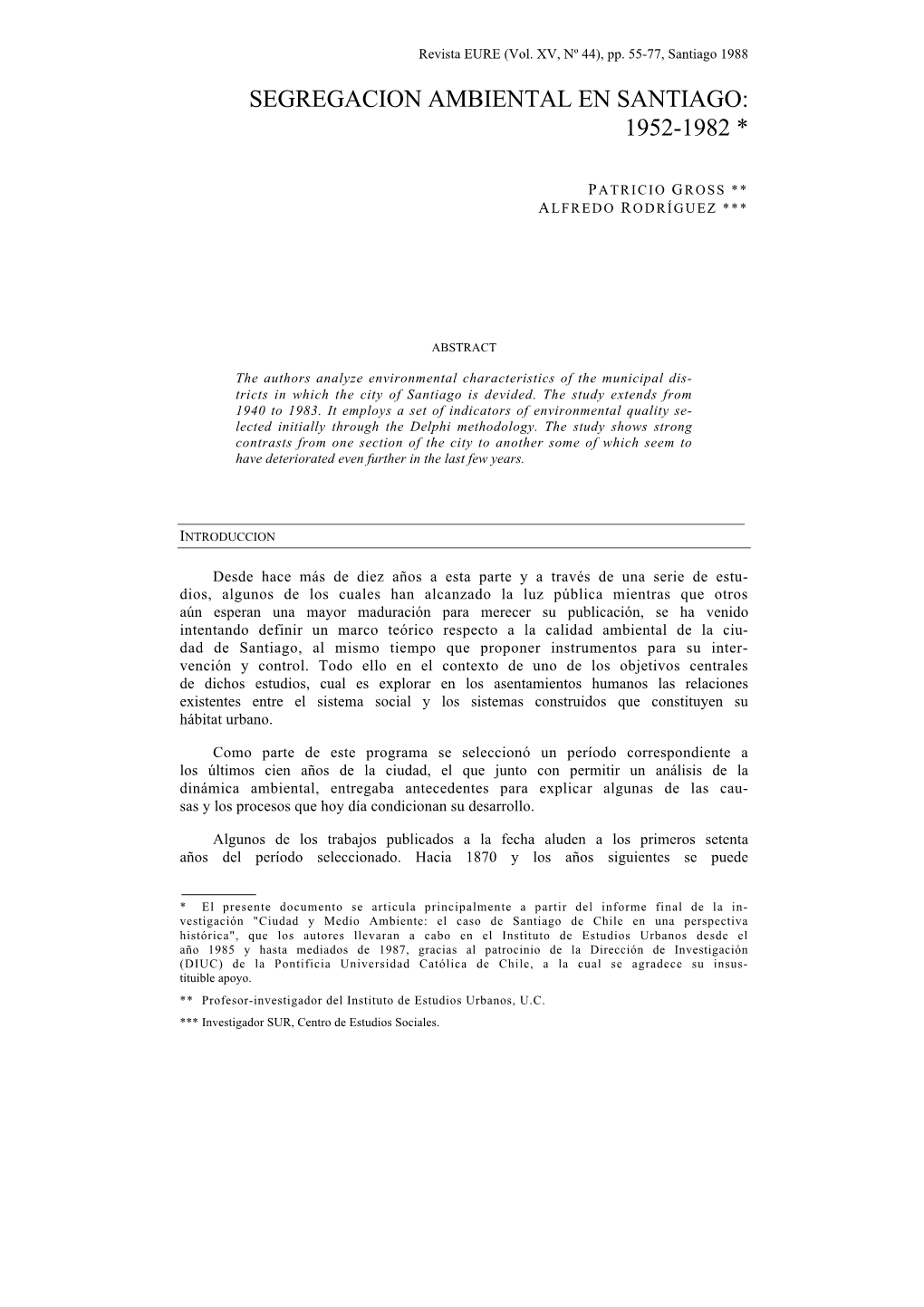 Segregación Ambiental En Santiago: 1952-1982