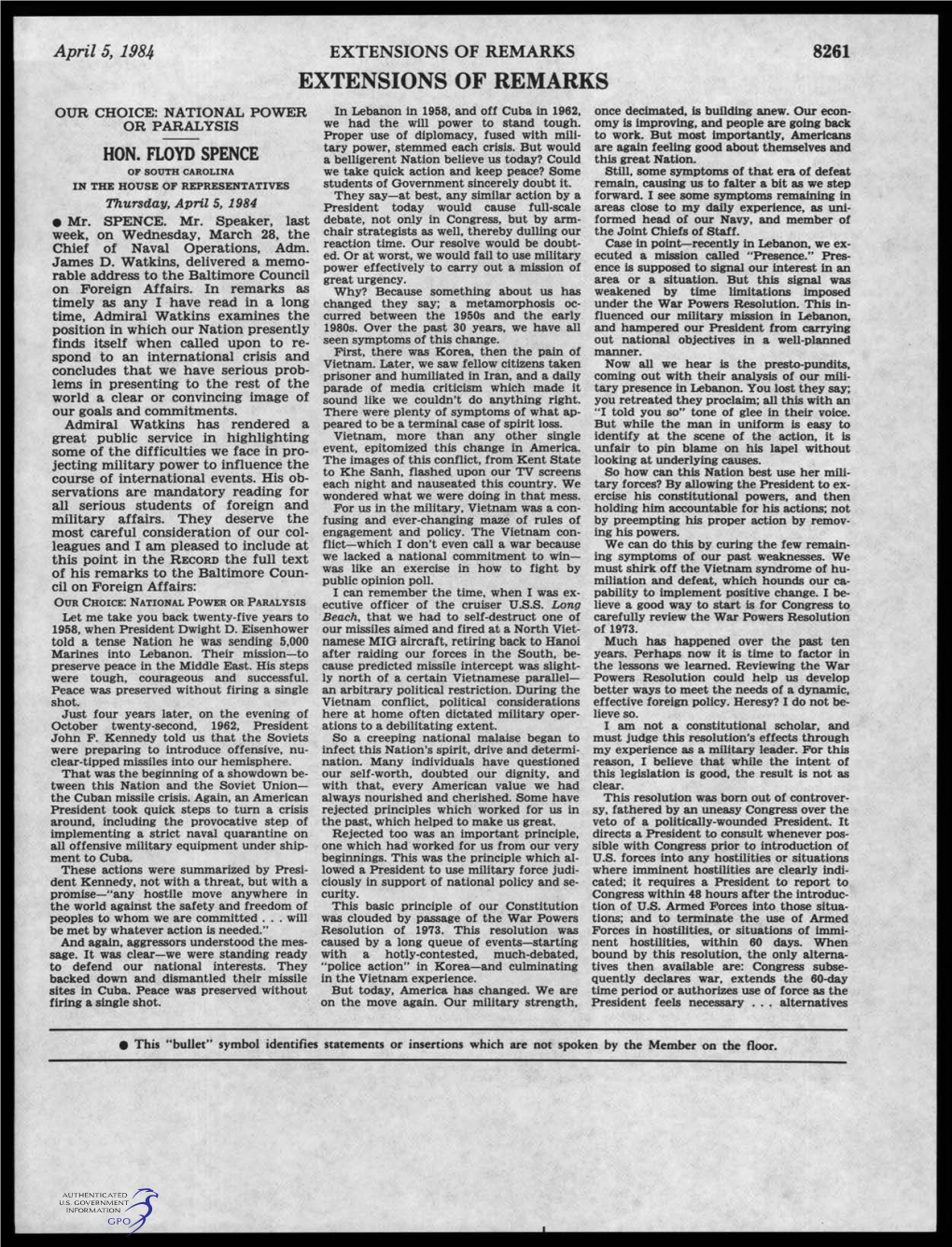 EXTENSIONS of REMARKS 8261 EXTENSIONS of REMARKS OUR CHOICE: NATIONAL POWER in Lebanon in 1958, and Off Cuba in 1962, Once Decimated, Is Building Anew