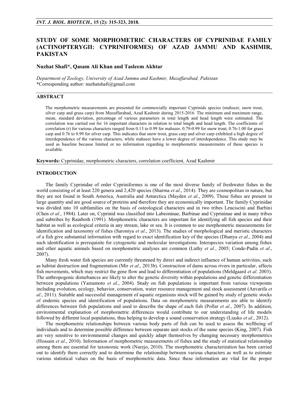 Study of Some Morphometric Characters of Cyprinidae Family (Actinopterygii: Cypriniformes) of Azad Jammu and Kashmir, Pakistan