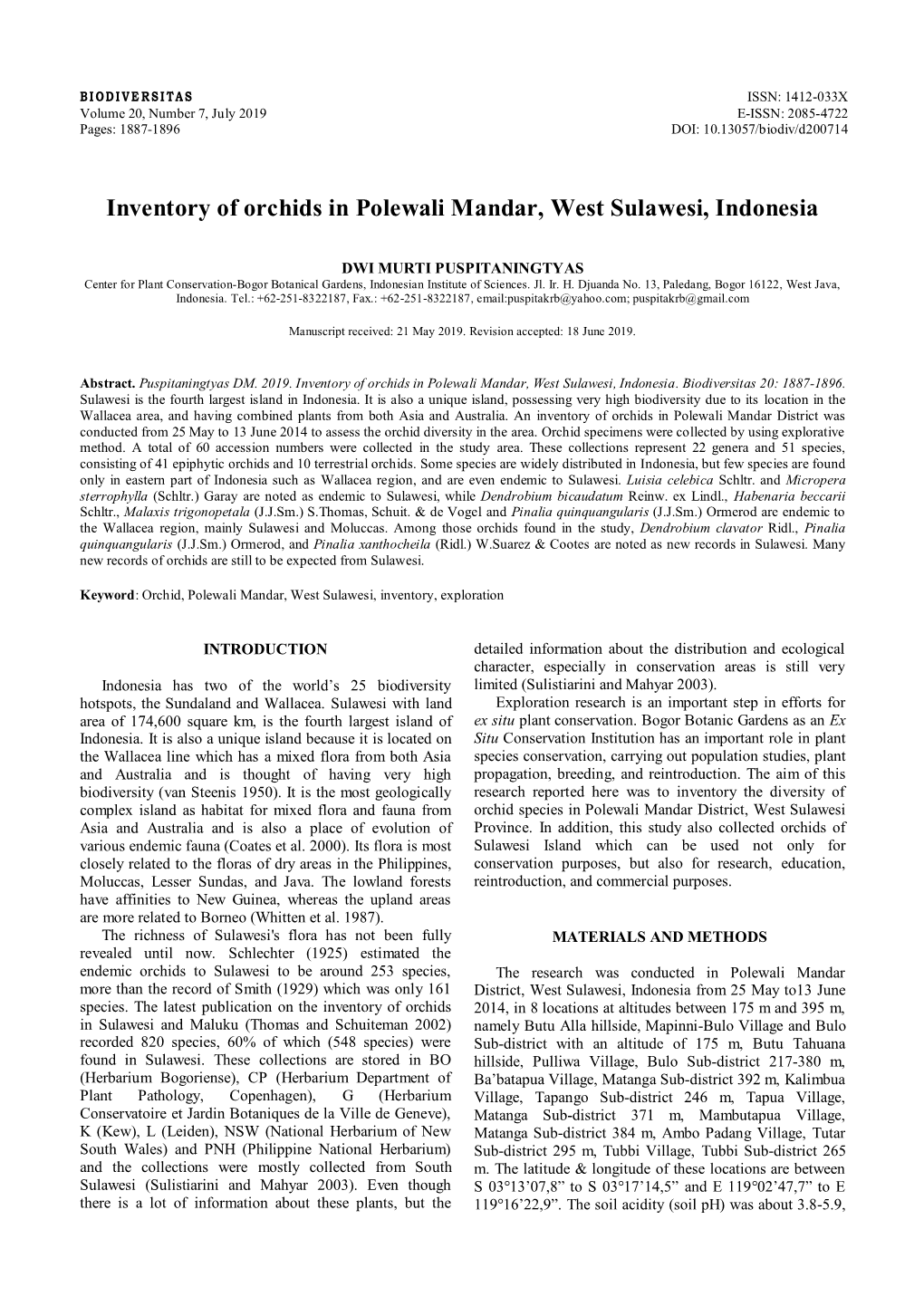 Inventory of Orchids in Polewali Mandar, West Sulawesi, Indonesia