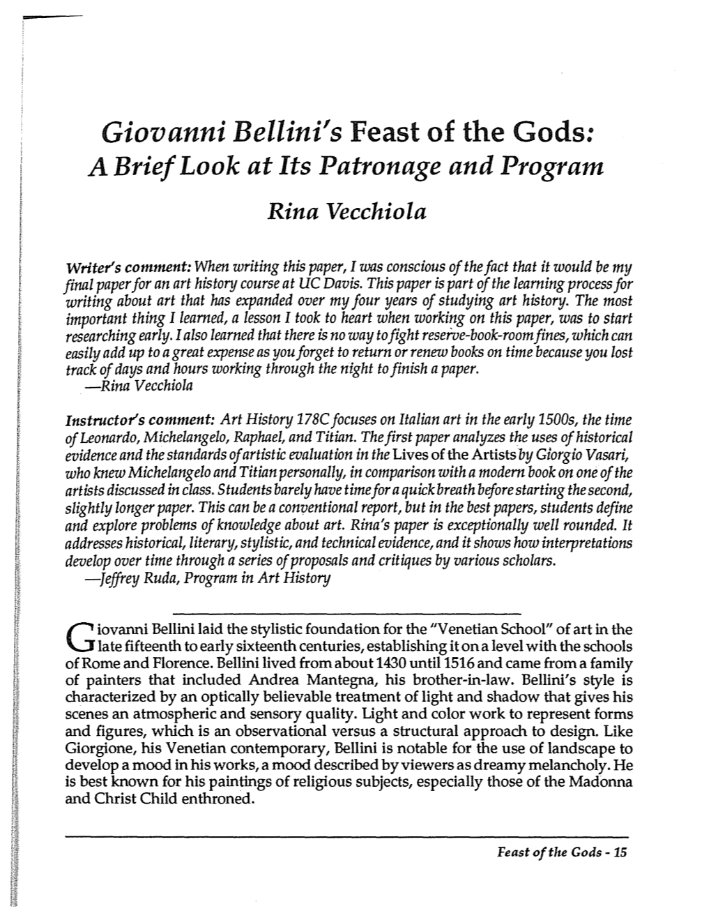 Giovanni Bellini's Feast of the Gods: a Brief Look at Its Patronage and Program Rina Vecchiola