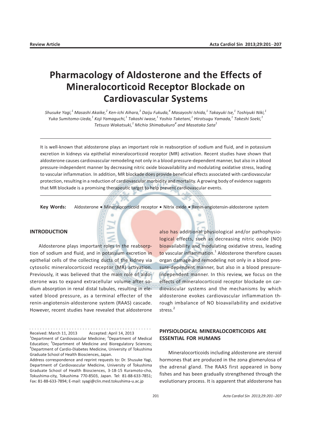 Pharmacology of Aldosterone and the Effects of Mineralocorticoid Receptor Blockade on Cardiovascular Systems