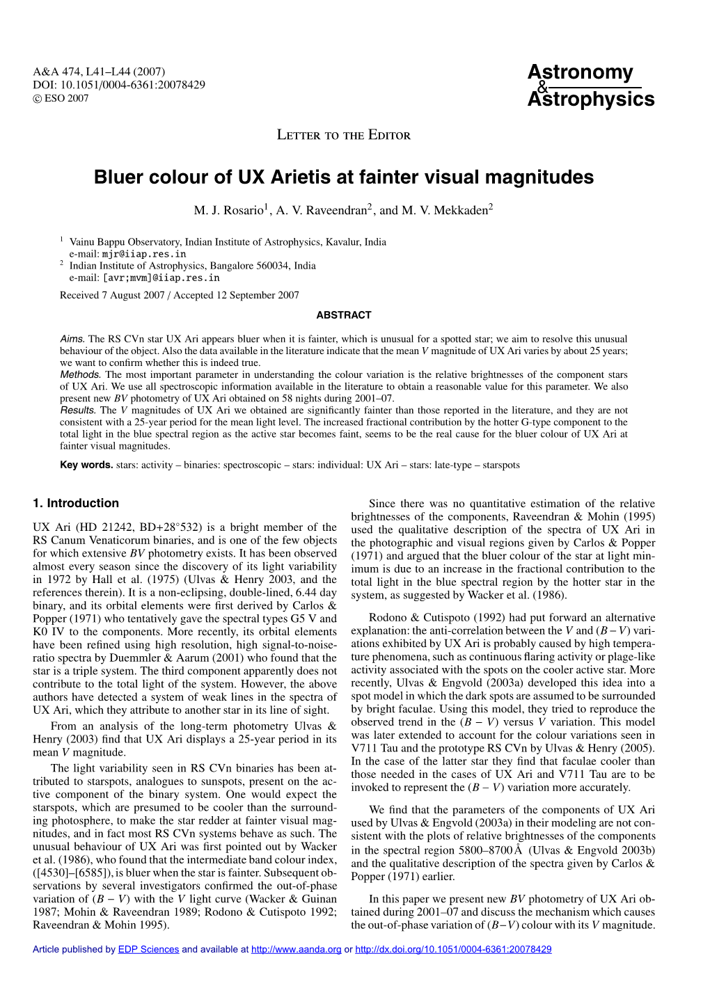 Bluer Colour of UX Arietis at Fainter Visual Magnitudes