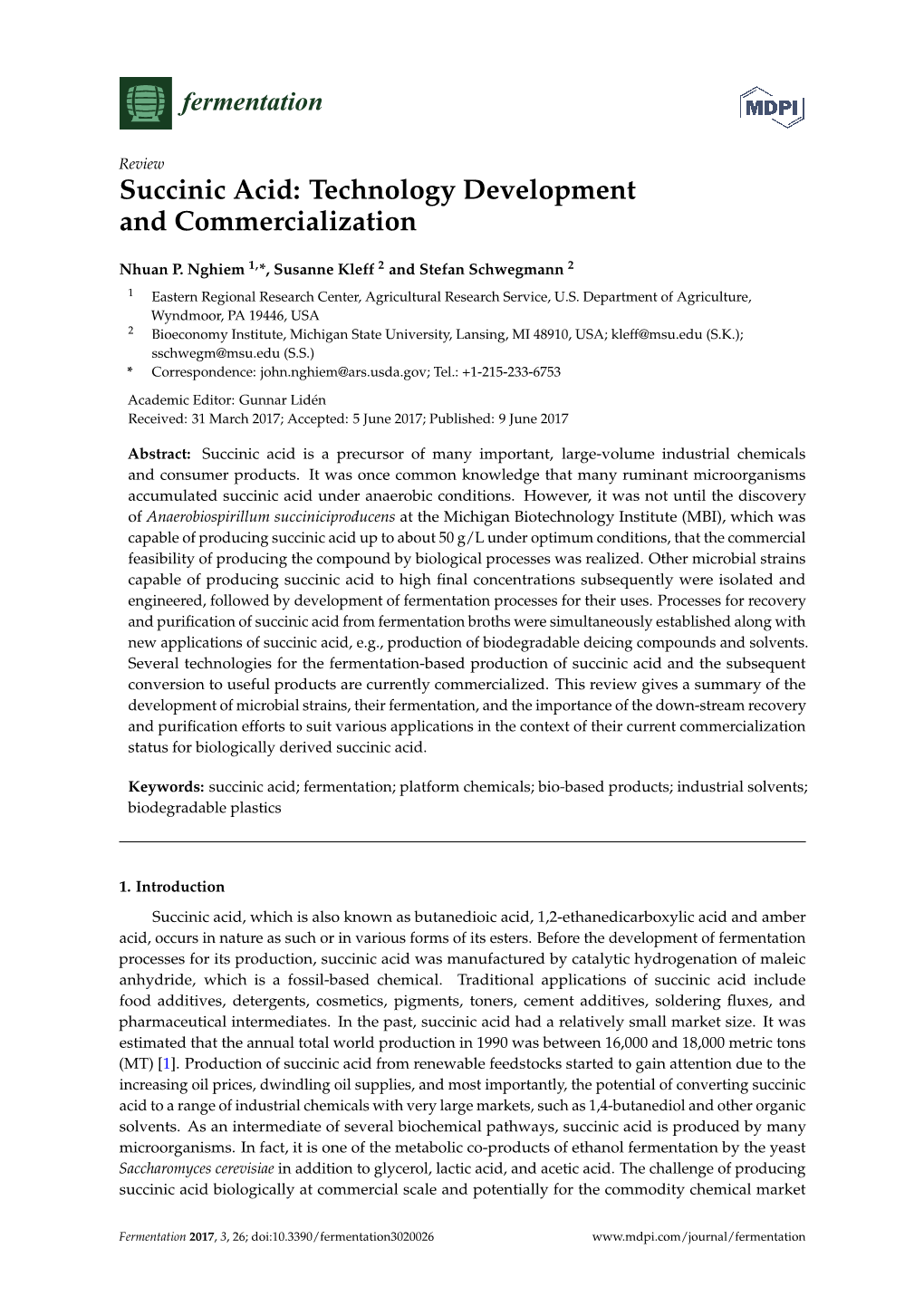 Succinic Acid: Technology Development and Commercialization