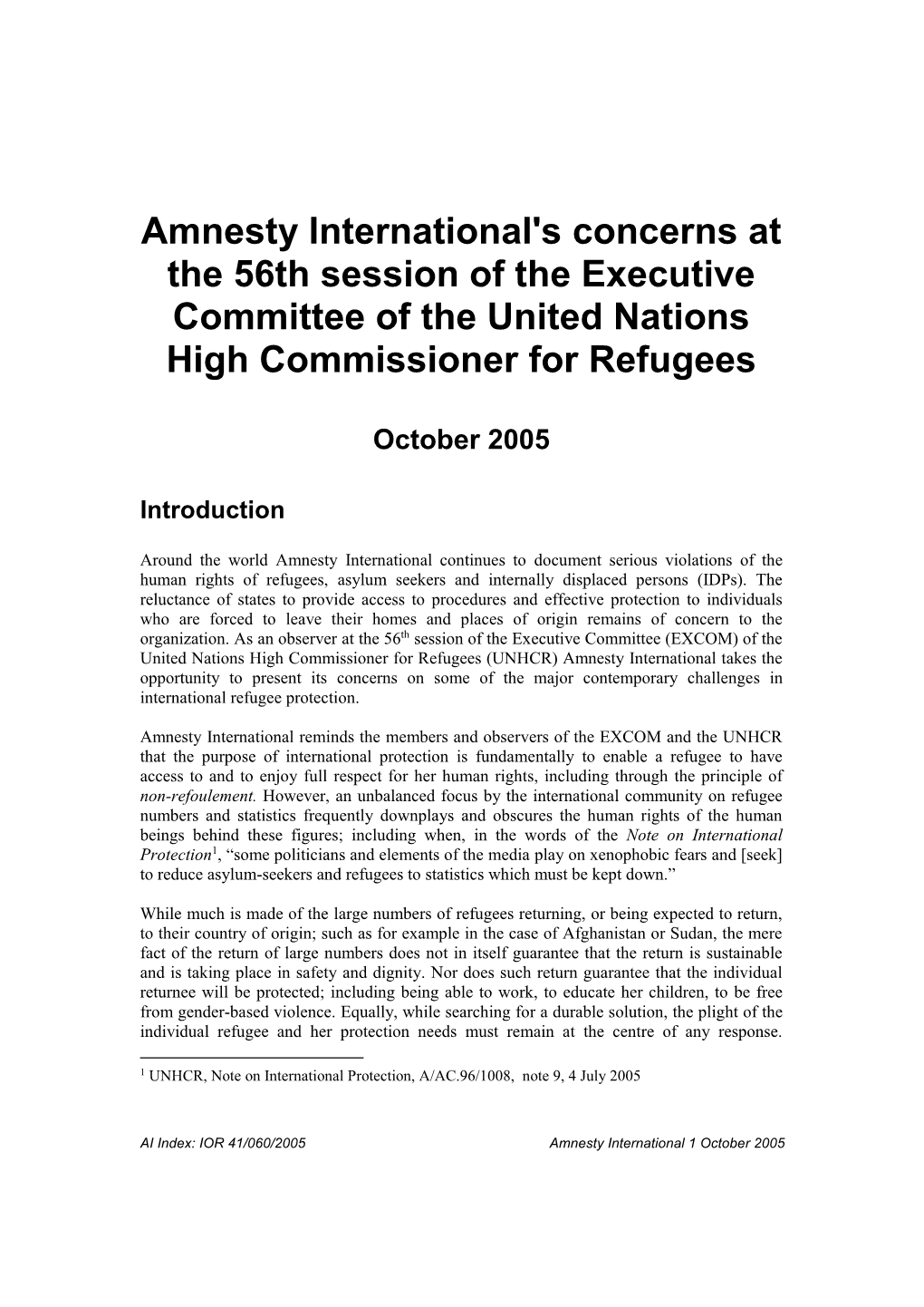 Amnesty International's Concerns at the 56Th Session of the Executive Committee of the United Nations High Commissioner for Refugees
