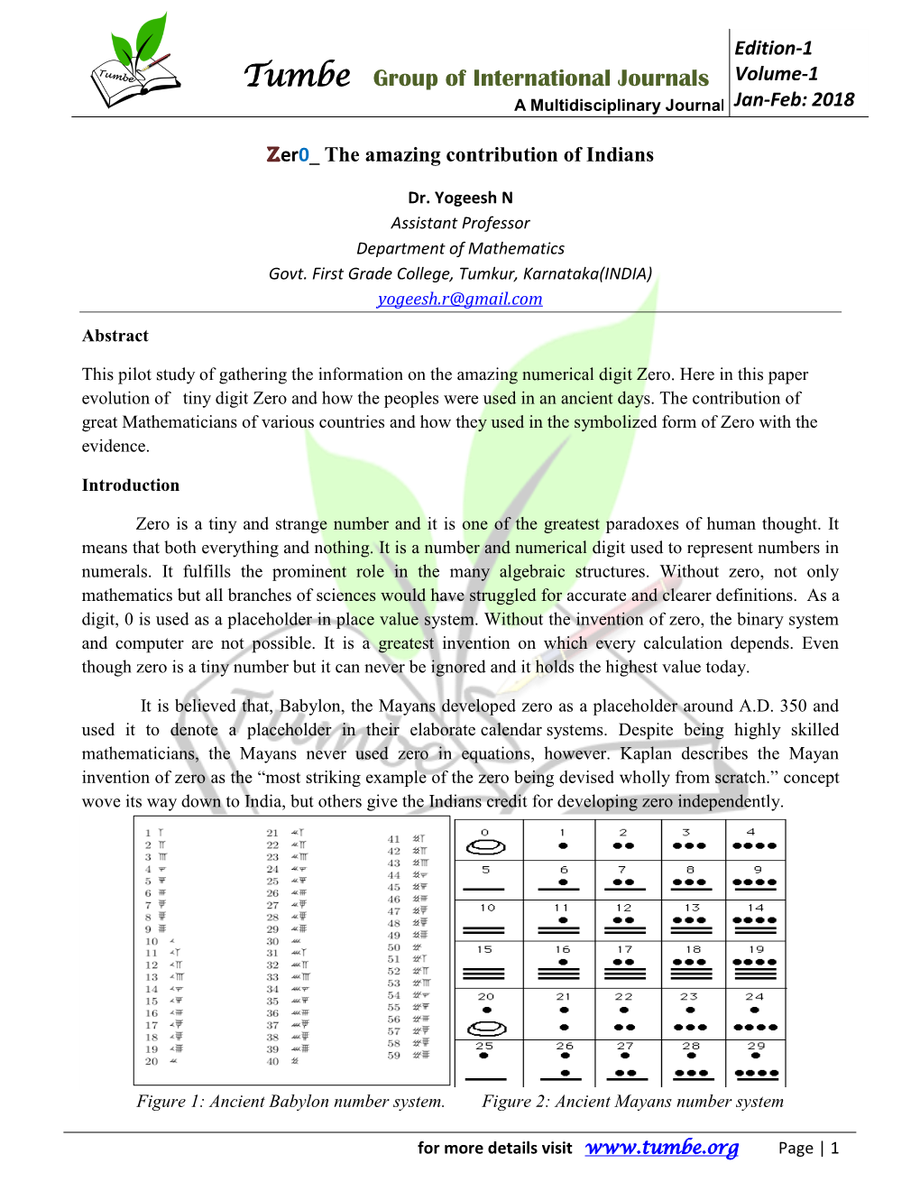 Tumbe Group of International Journals Volume - 1 a Multidisciplinary Journal Jan -Feb: 2018