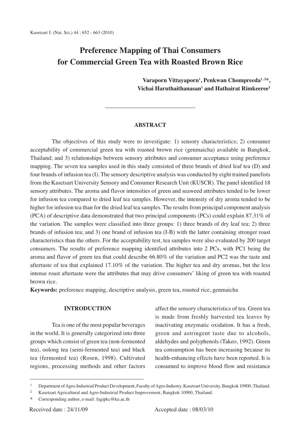 Preference Mapping of Thai Consumers for Commercial Green Tea with Roasted Brown Rice