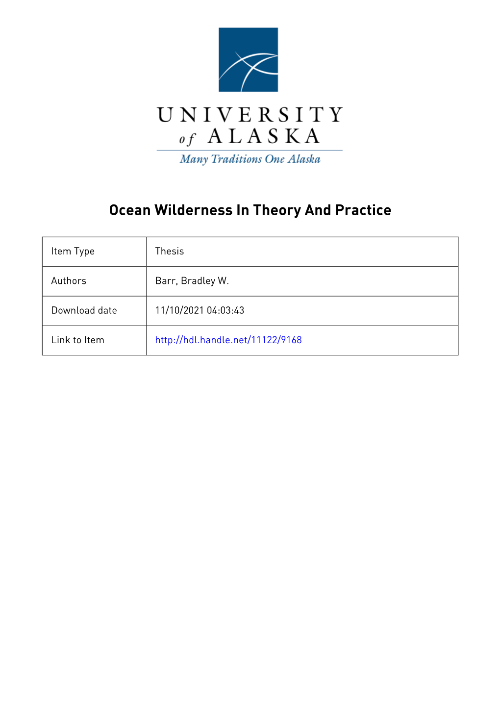 Ocean Wilderness in Theory and Practice a Dissertation