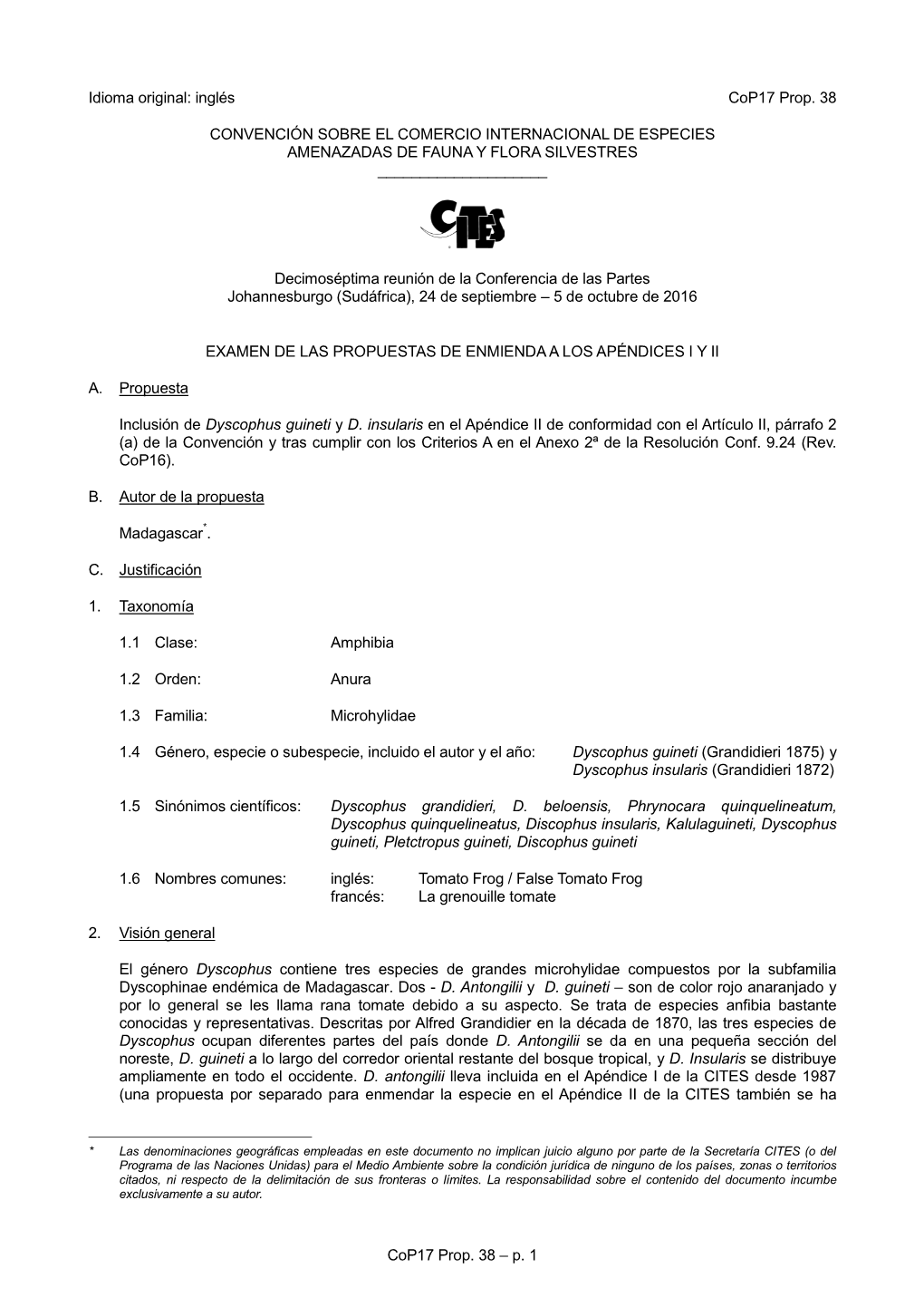 Proposal for Amendment of Appendix I Or II for CITES Cop16