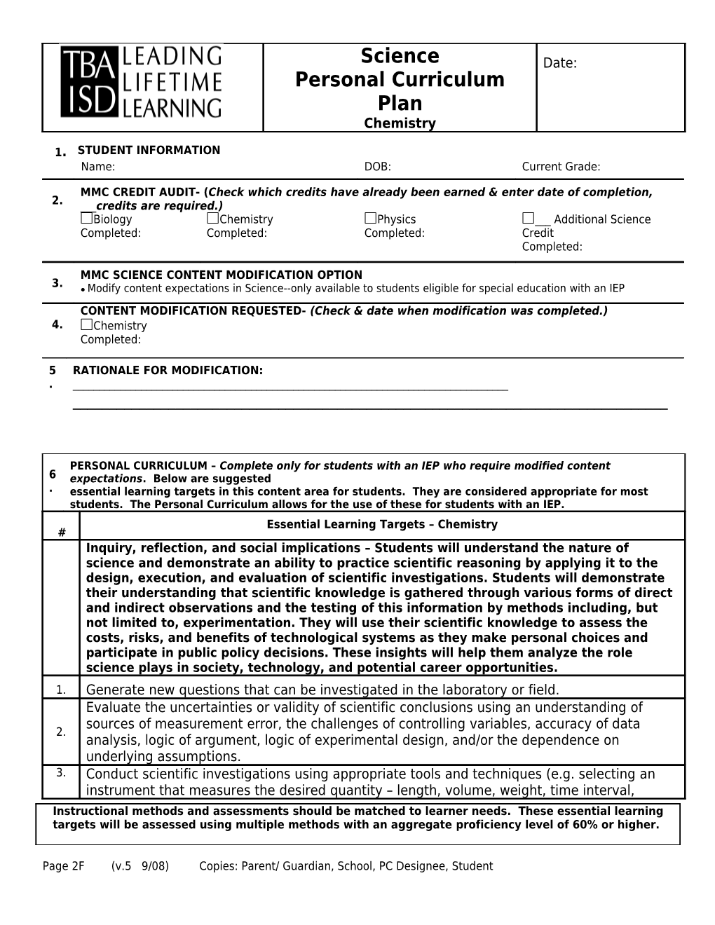 Science Personal Curriculum Plan Chemistry