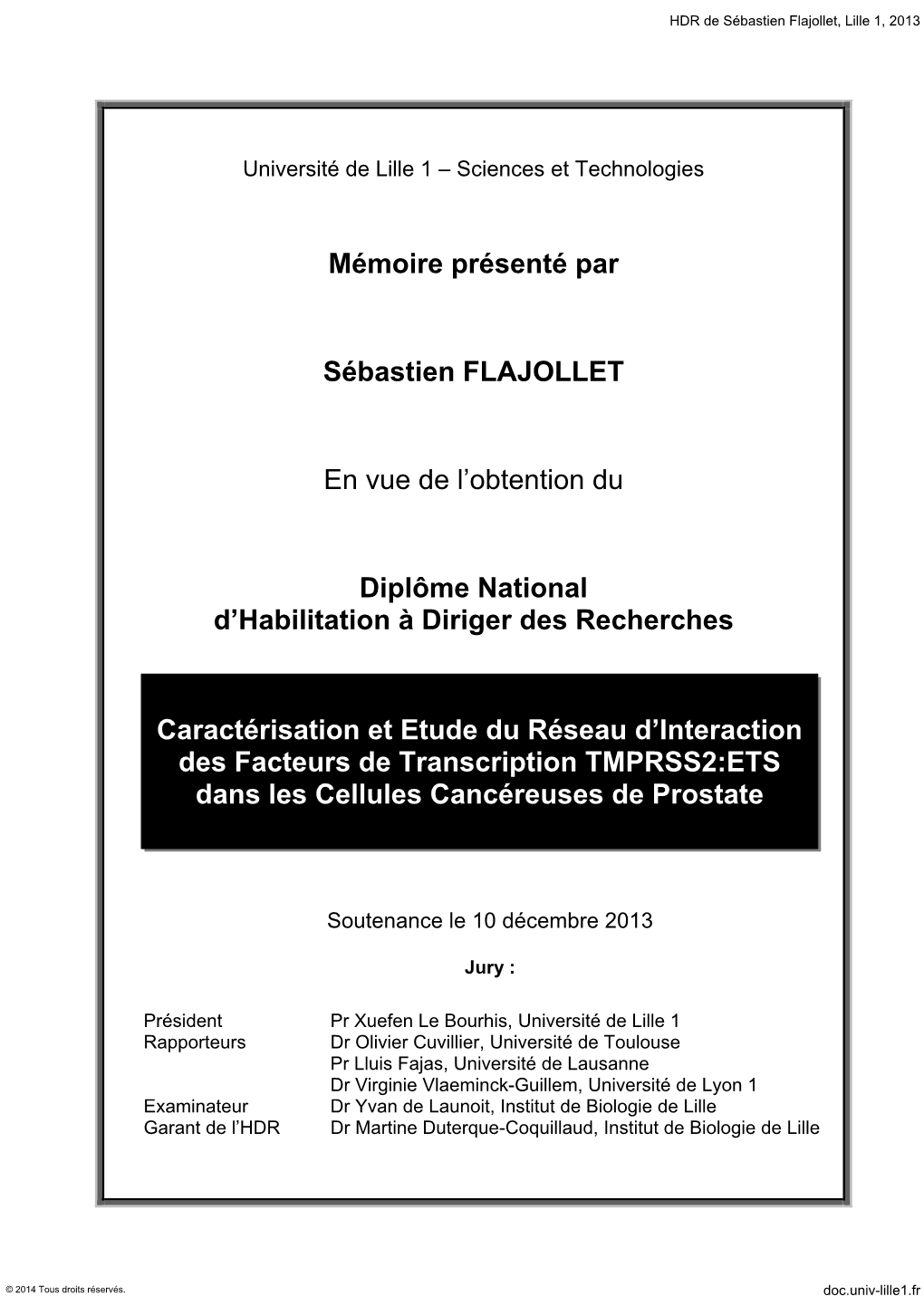 Mémoire Présenté Par Sébastien FLAJOLLET En Vue De L'obtention Du Diplôme National D'habilitation À Diriger Des Recher