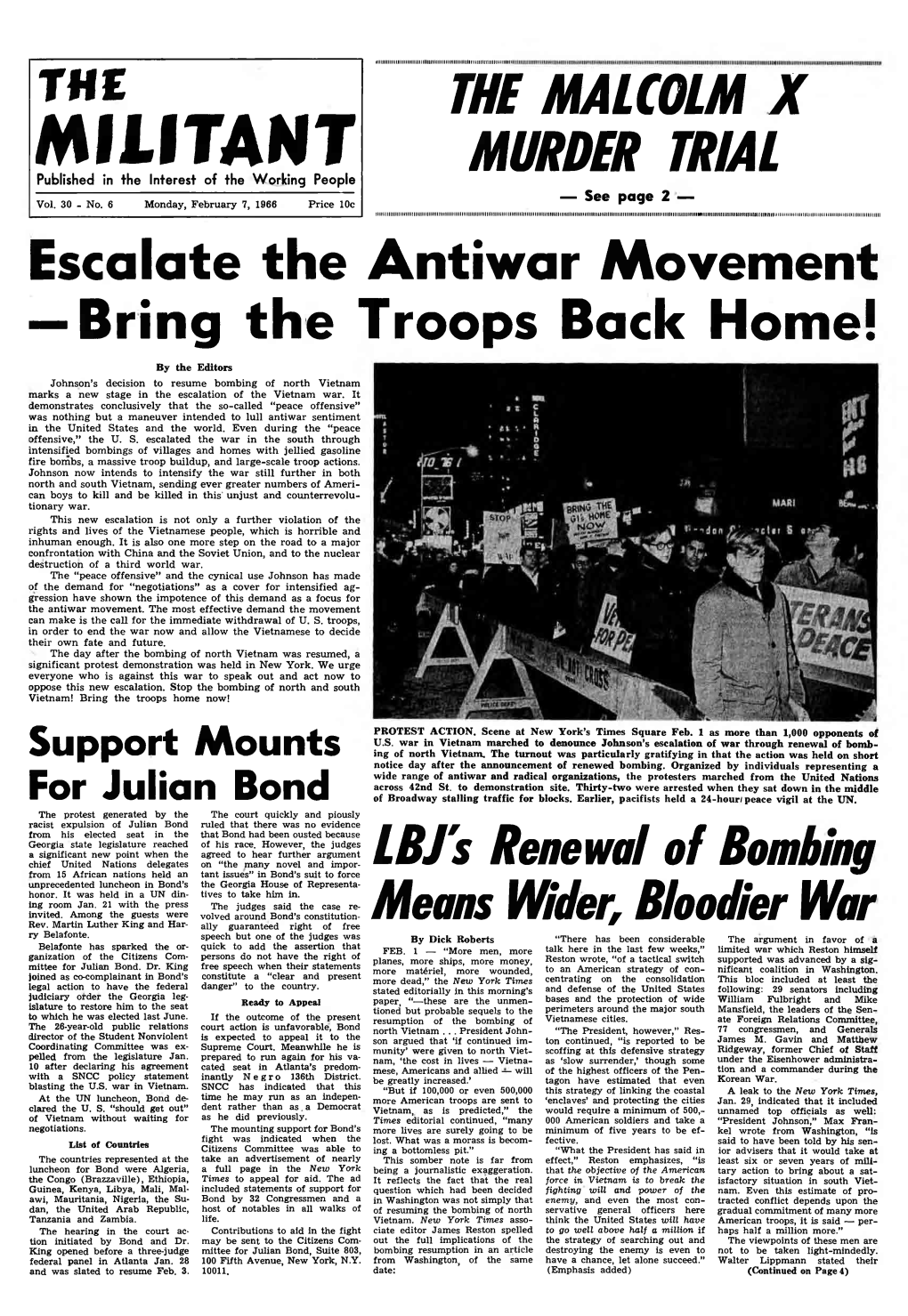 THE MILITANT Monday, February 7, 1966 Malcolm X Murder Trial by Herman Porter Attended in Chicago — but Could NEW YORK, Feb