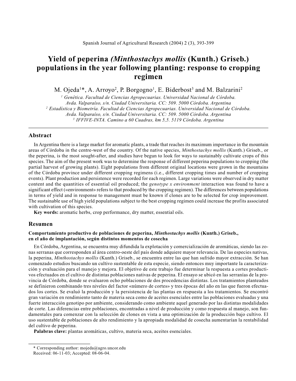 (Minthostachys Mollis (Kunth.) Griseb.) Populations in the Year Following Planting: Response to Cropping Regimen M